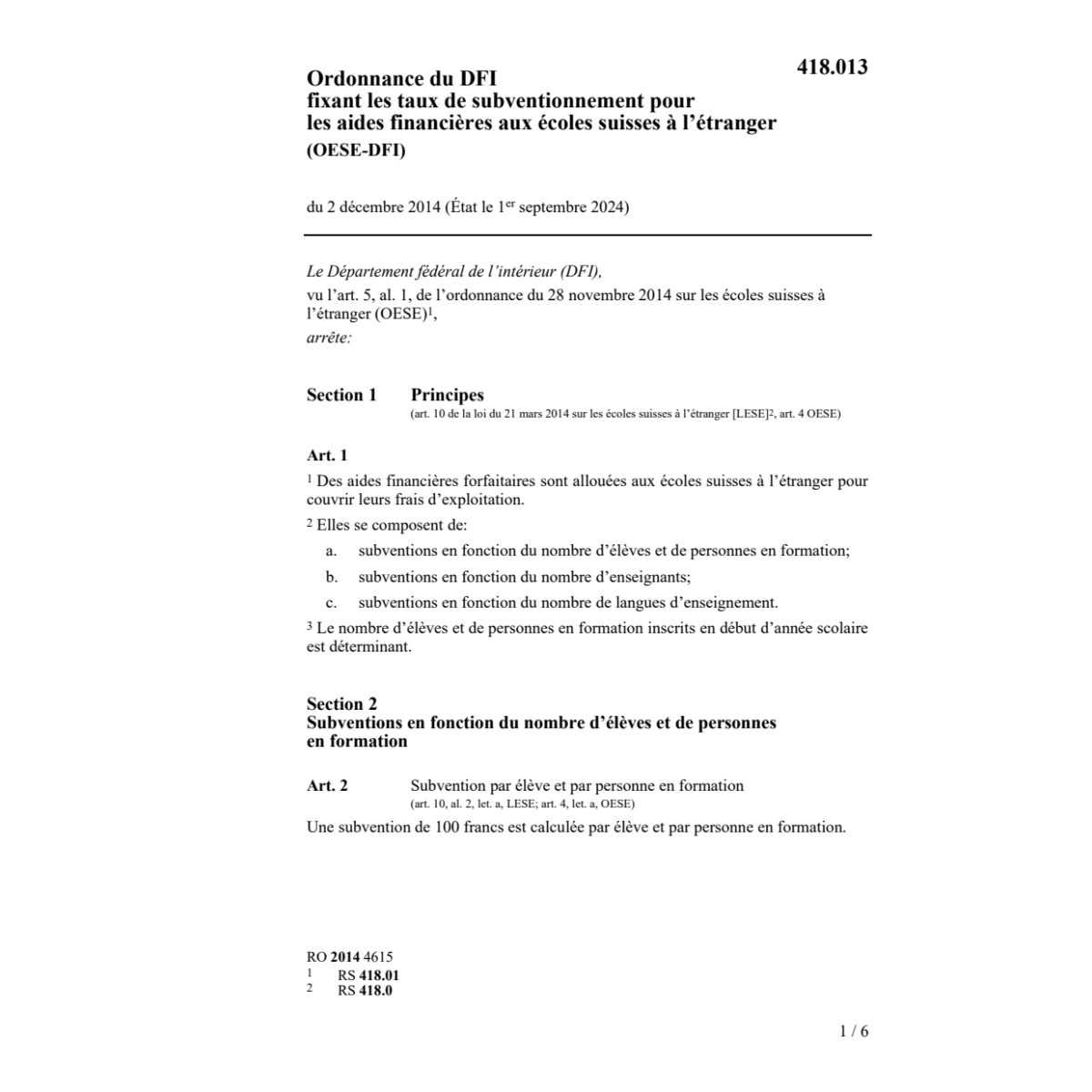 O aides financières écoles CH OESE-DFI