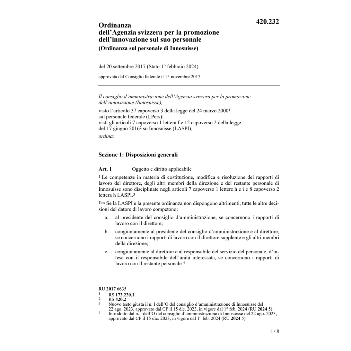 O Ordinanza sul personale di Innosuisse