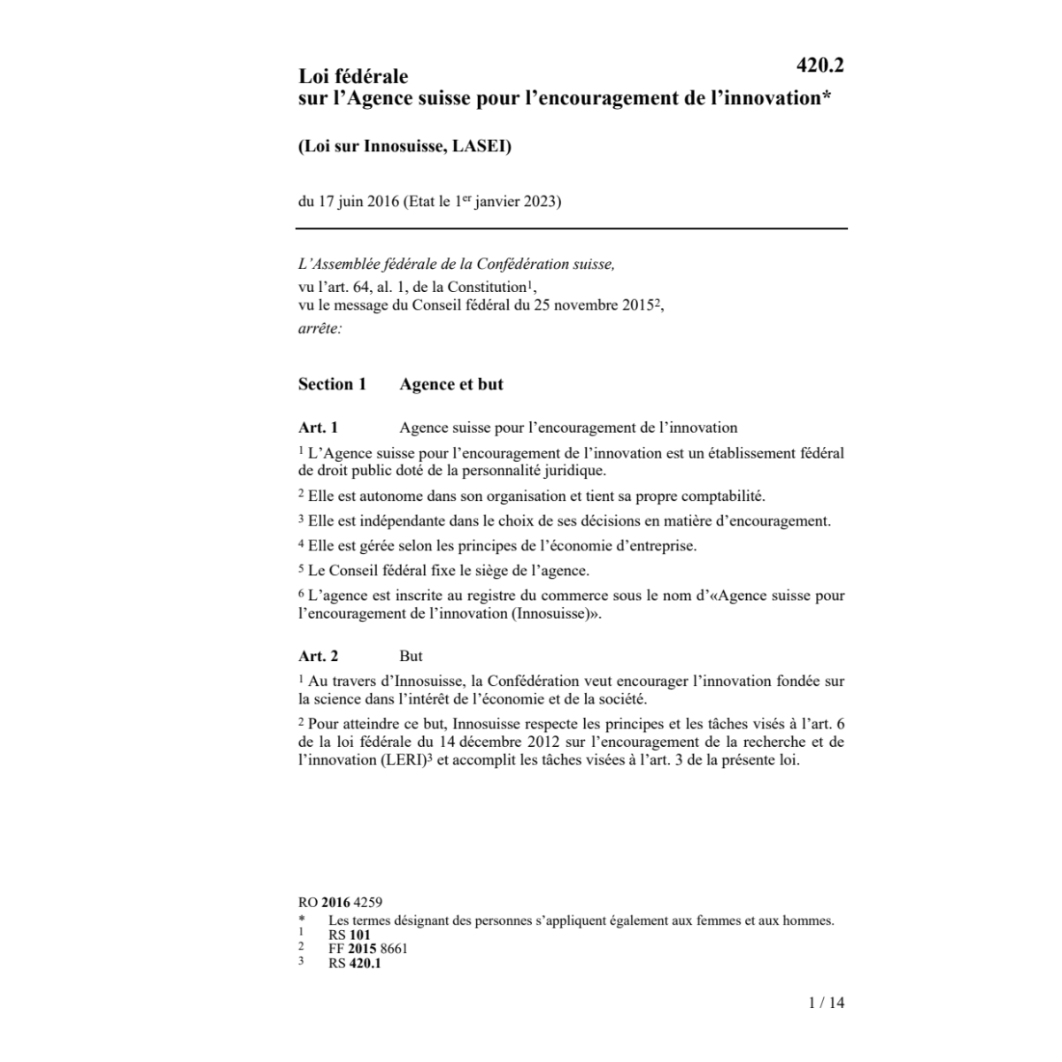 LF Loi sur Innosuisse (LASEI)