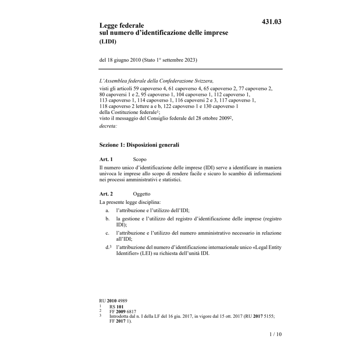 LF numero identificazione imprese LIDI