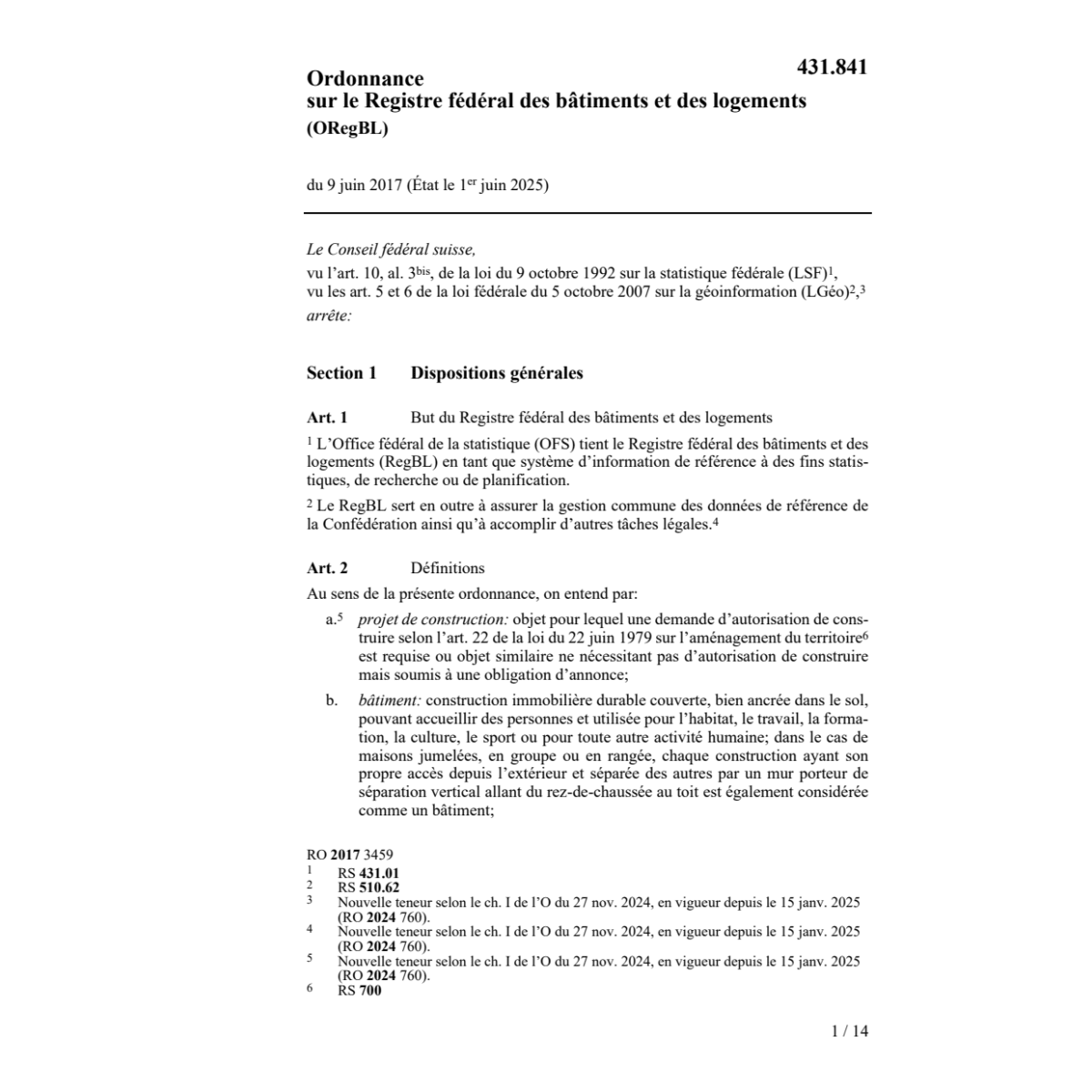 O registre féd. bâtiments et logements