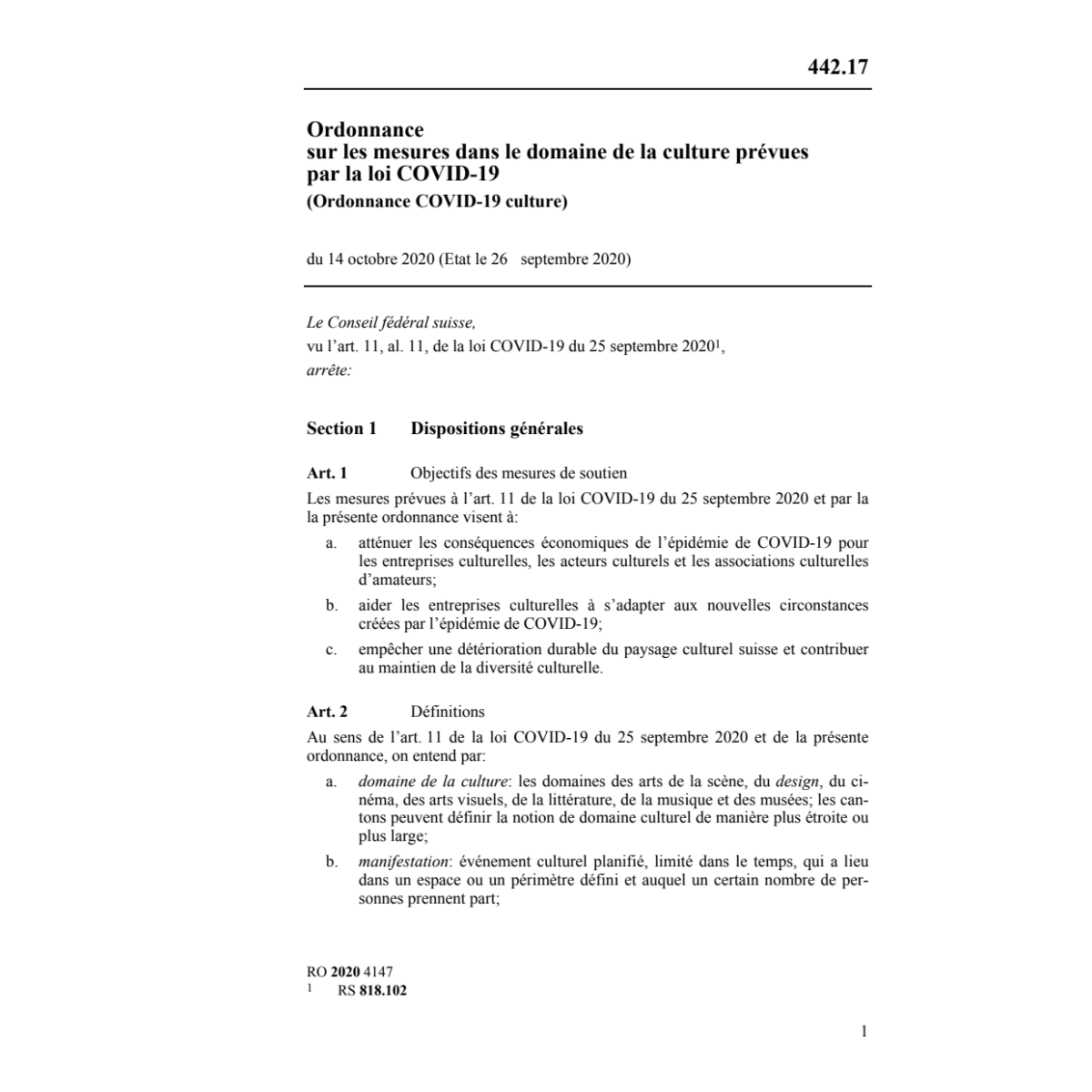 Ordonnance COVID-19 culture