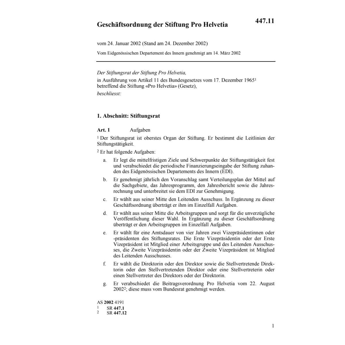 Geschäftsordnung Stiftung Pro Helvetia