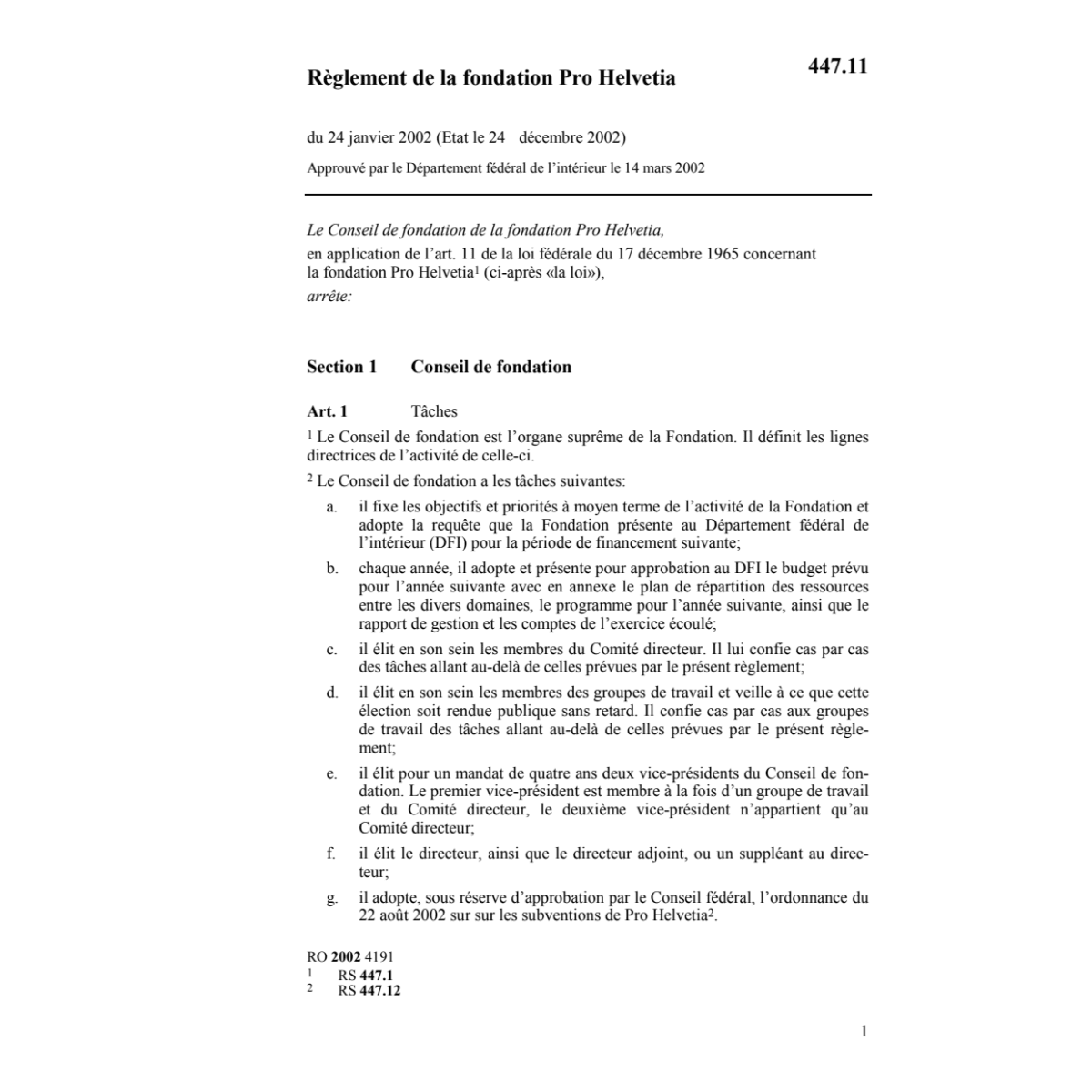 Règlement de la fondation Pro Helvetia