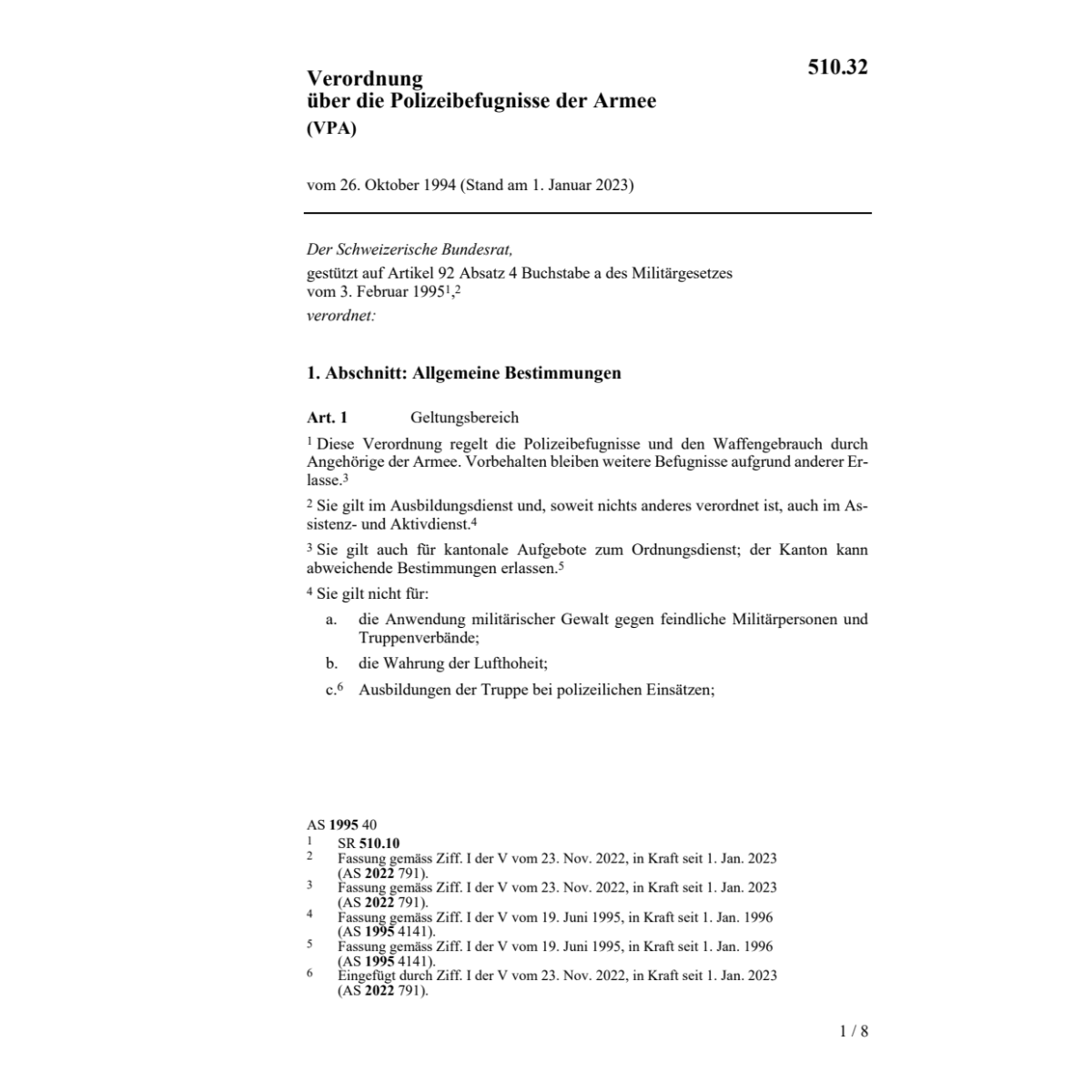 V Polizeibefugnisse der Armee, VPA