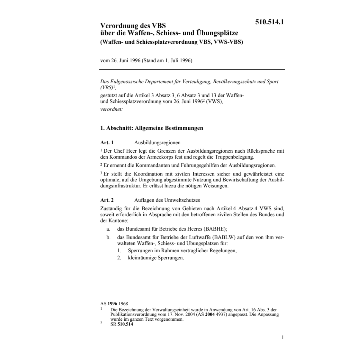 V VBS, Waffen-, Schiessplätze, VWS-VBS