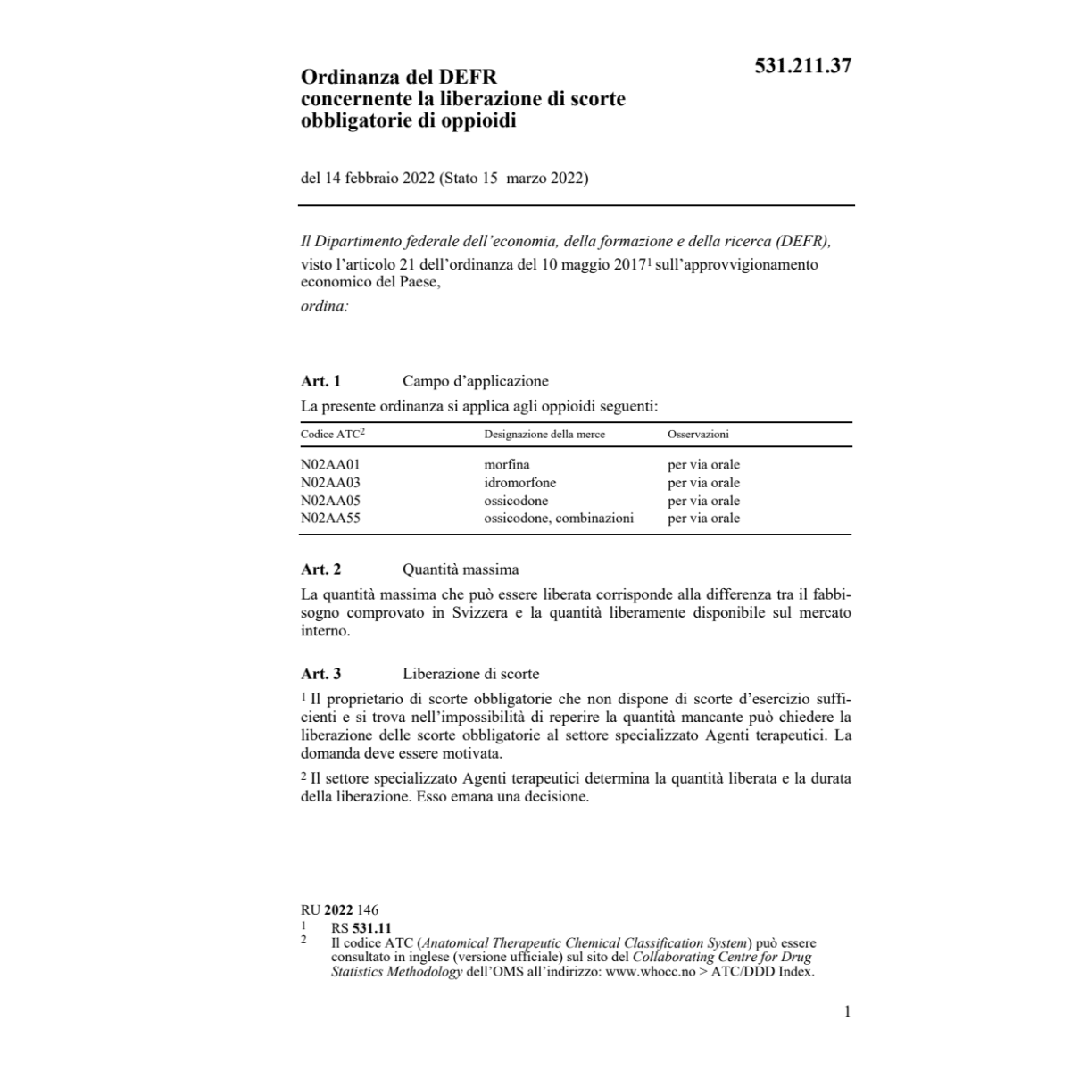 O DEFR scorte obbligatorie di oppioidi