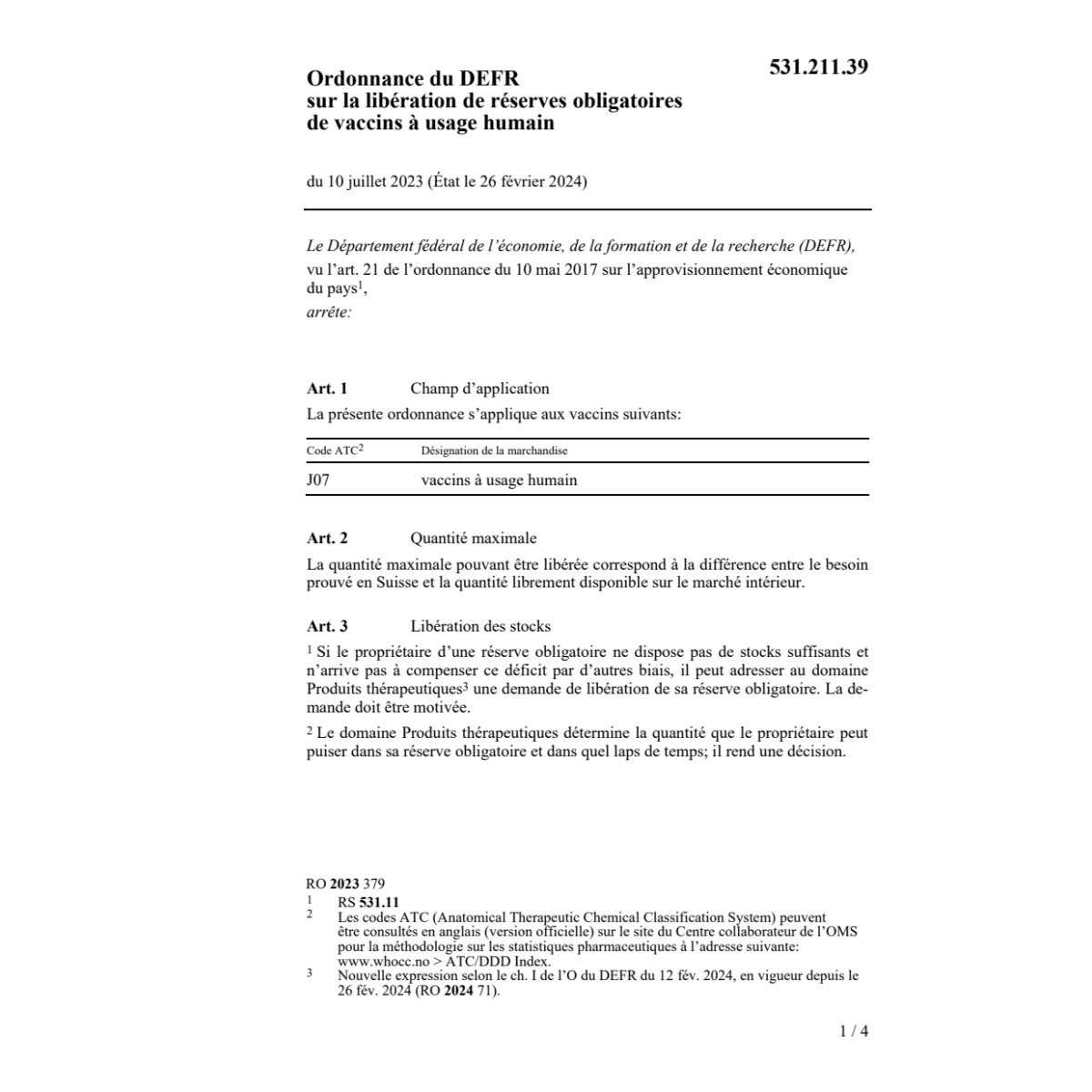 O DEFR réserves obligatoires vaccins