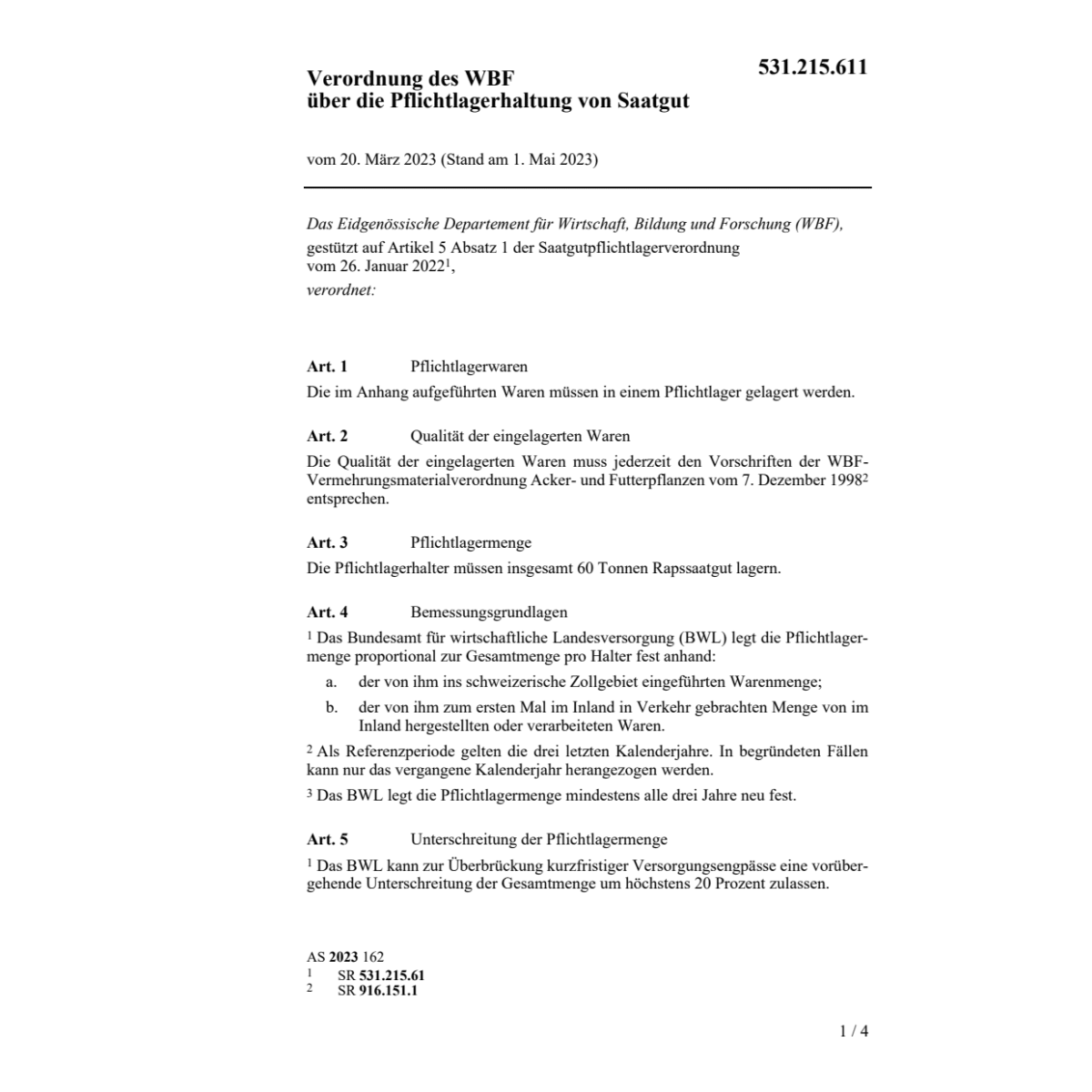 V WBF Pflichtlagerhaltung von Saatgut