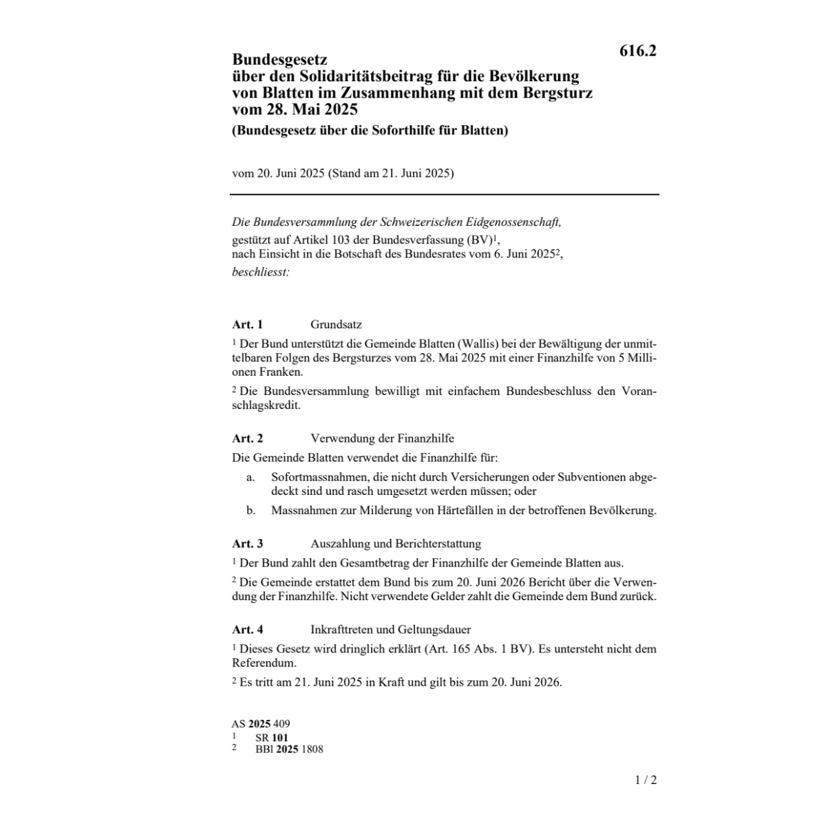 BG über die Soforthilfe für Blatten