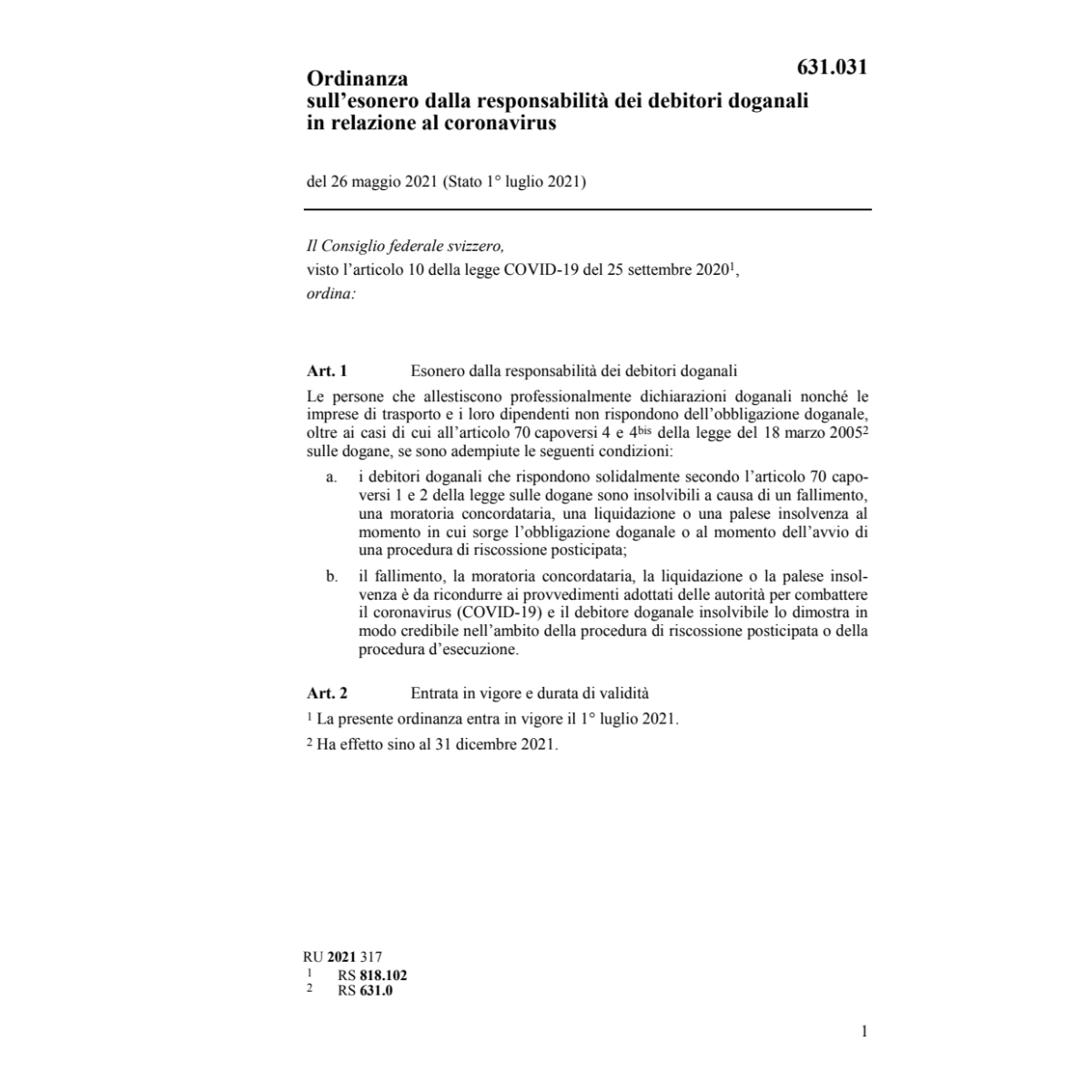 O responsabilità doganali coronavirus
