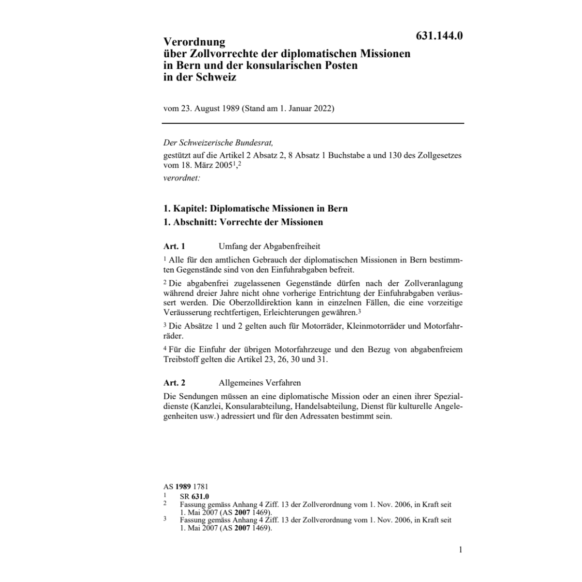 V Zollvorrechte dipl. Missionen Bern