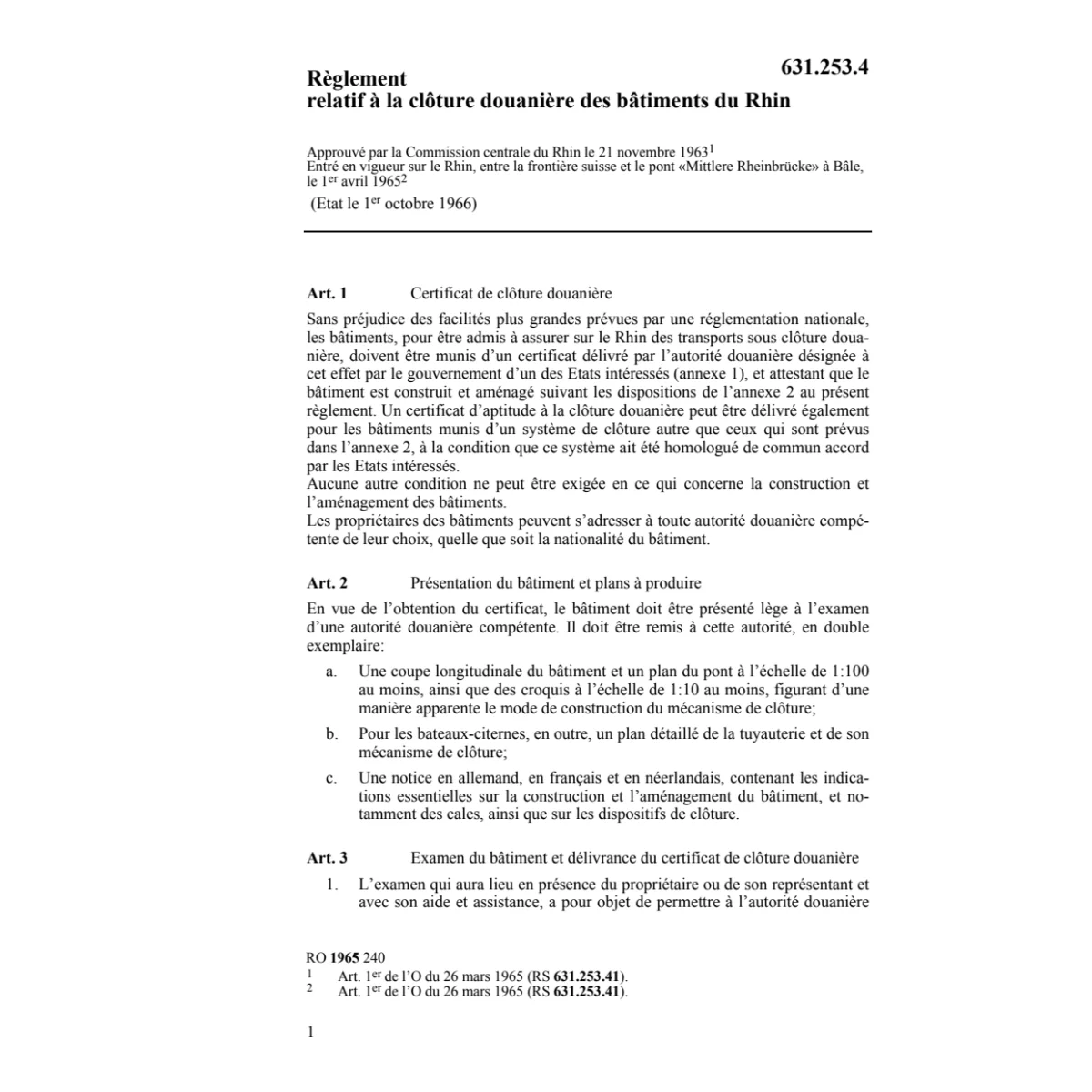 Règlement douanière bâtiments du Rhin