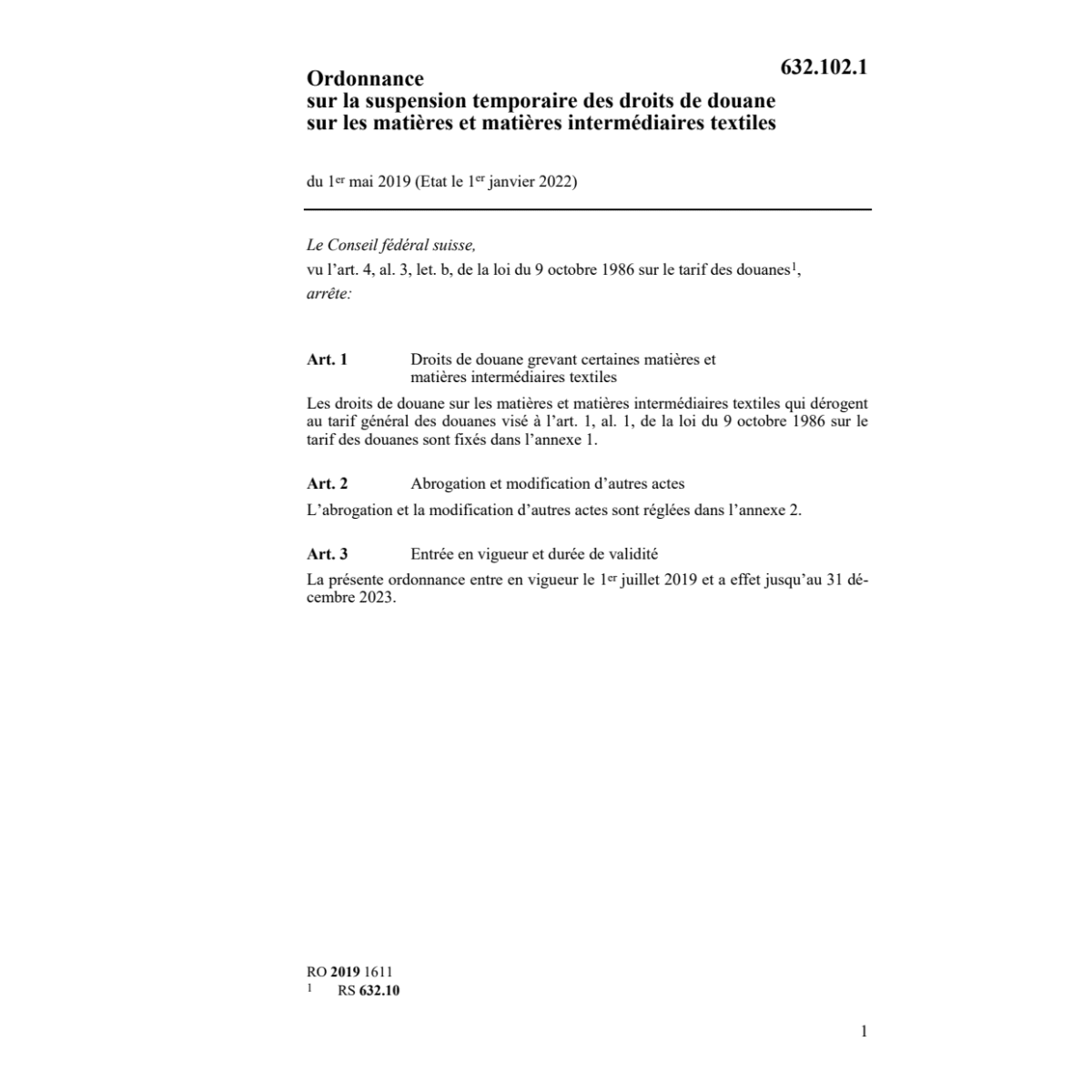 O réd. temp. droits douane textiles