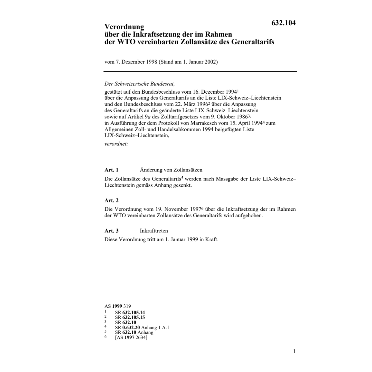 V Inkraftsetzung WTO Zollansätze