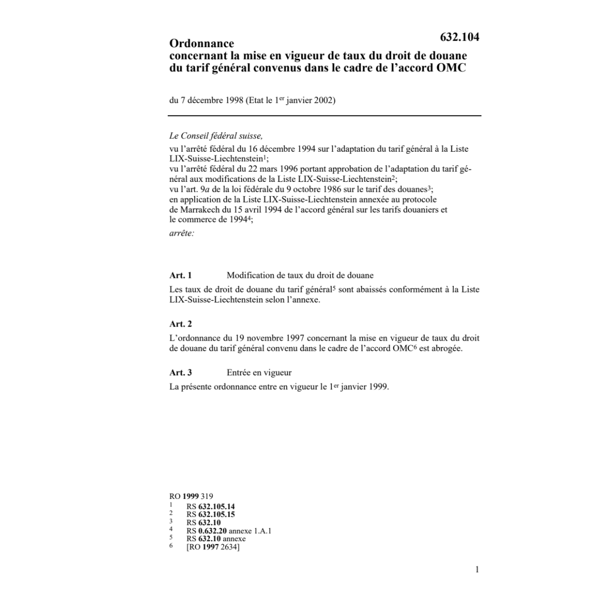 O mise en vigueur droit douane OMC