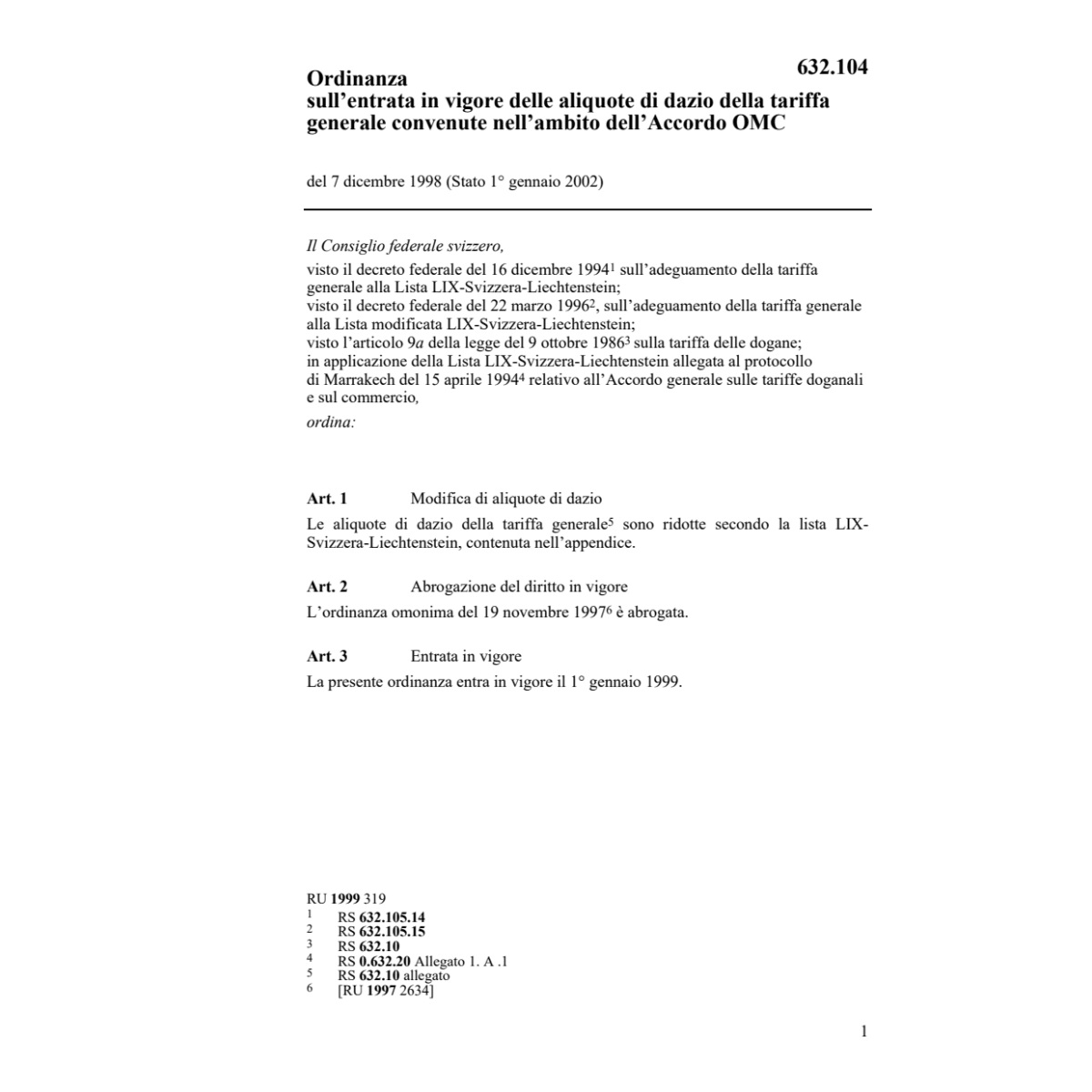 O entrata vigore tariffa generale OMC