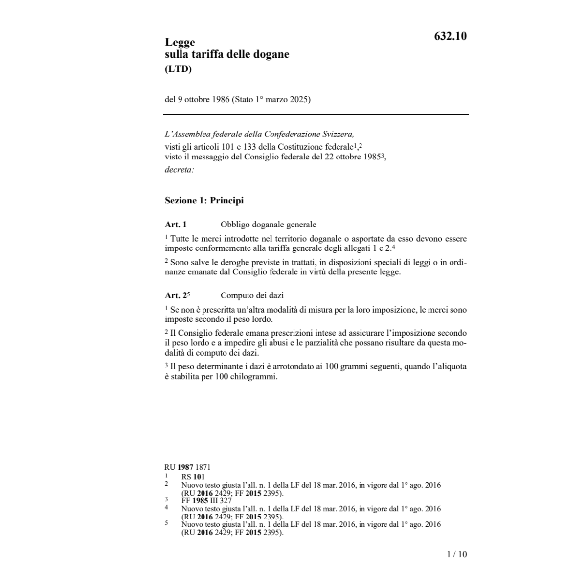 Legge tariffa delle dogane, LTD
