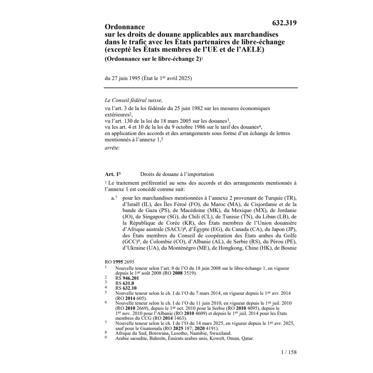 O droits douane états acc.libre-échange
