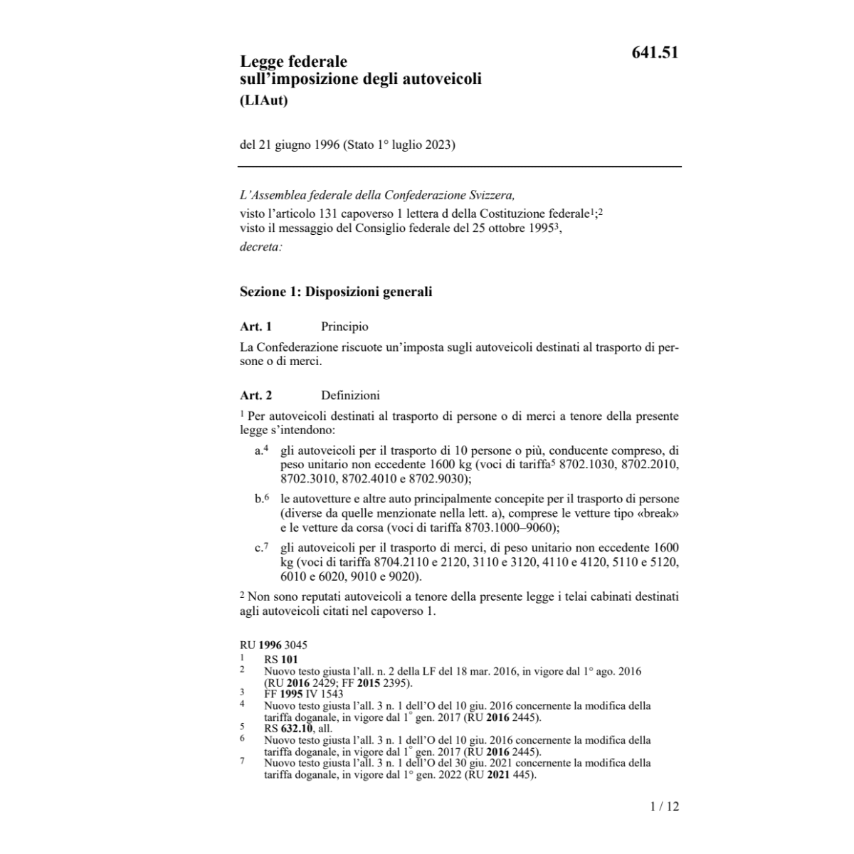 LF imposizione degli autoveicoli