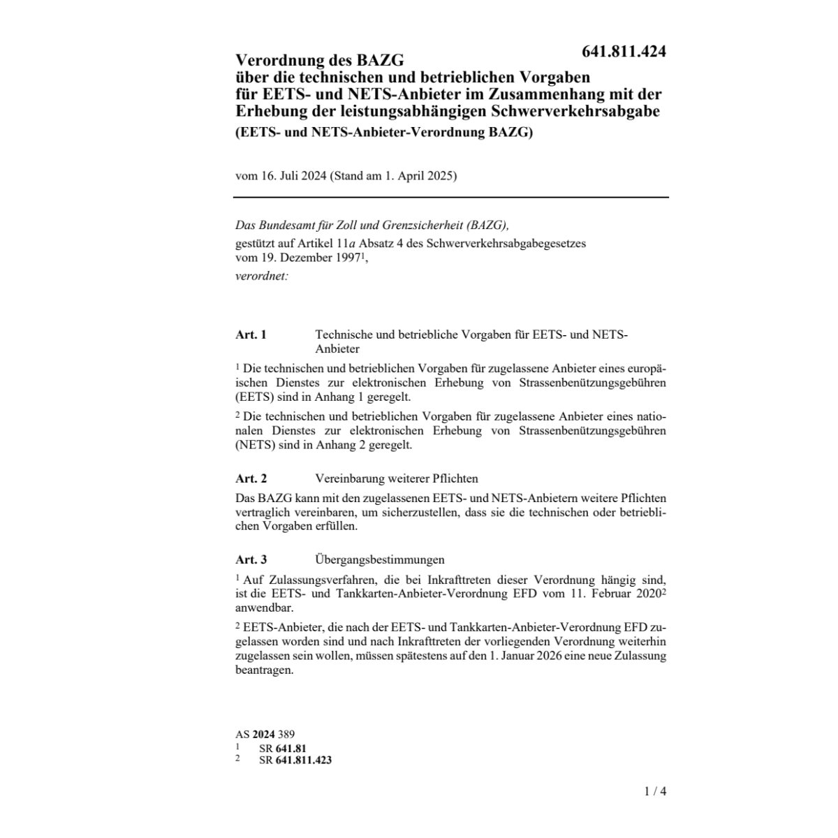 EETS-NETS-Anbieter-Verordnung BAZG