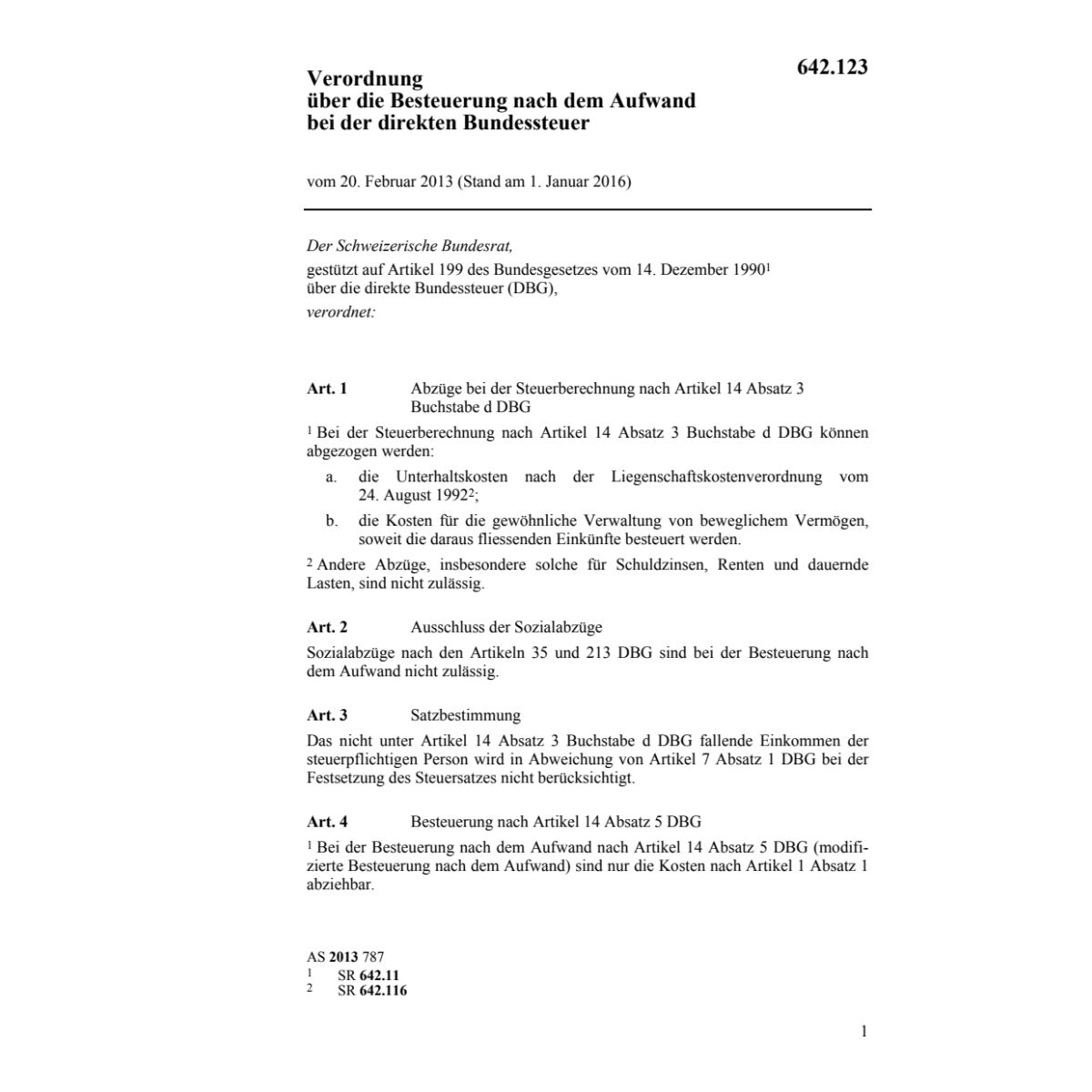 V über Besteuerung nach Aufwand