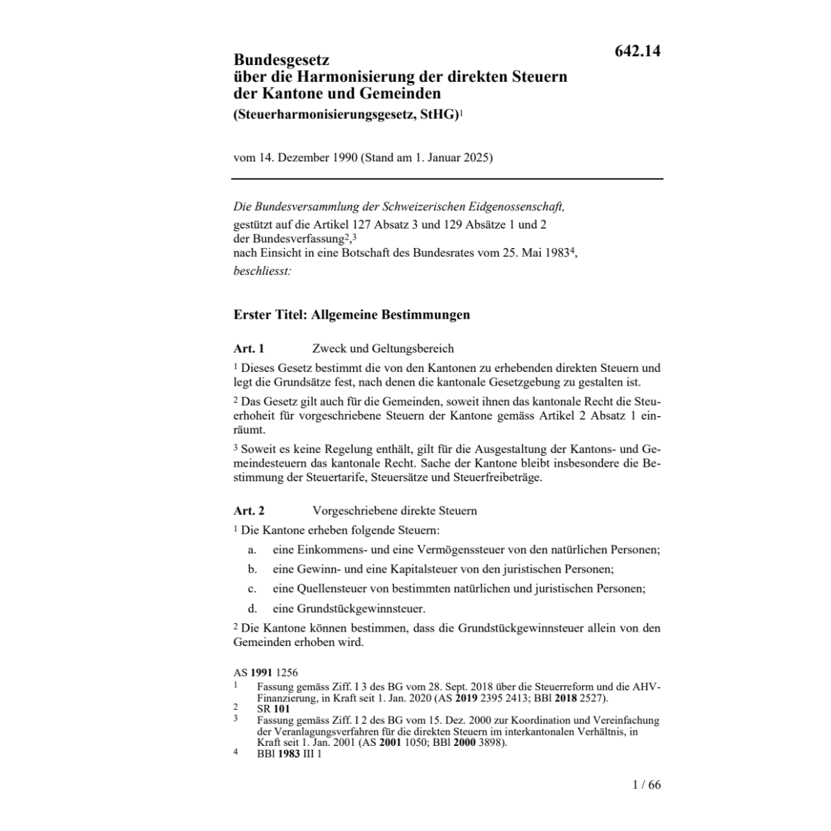 BG Harmonisierung direkte Steuern, StHG