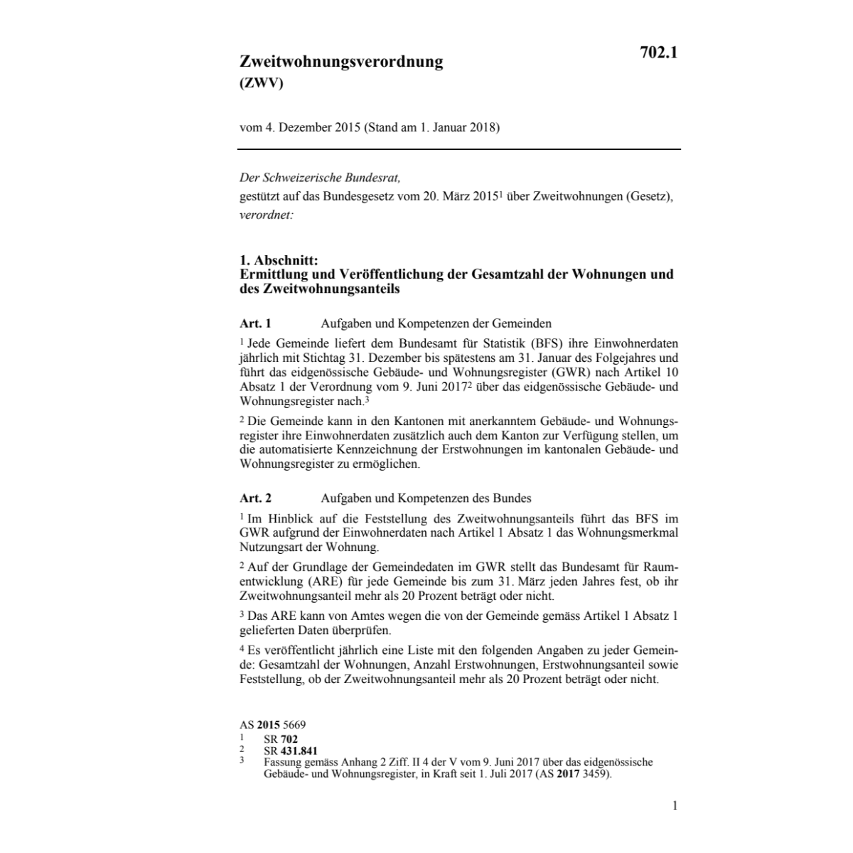 Zweitwohnungsverordnung ZWV