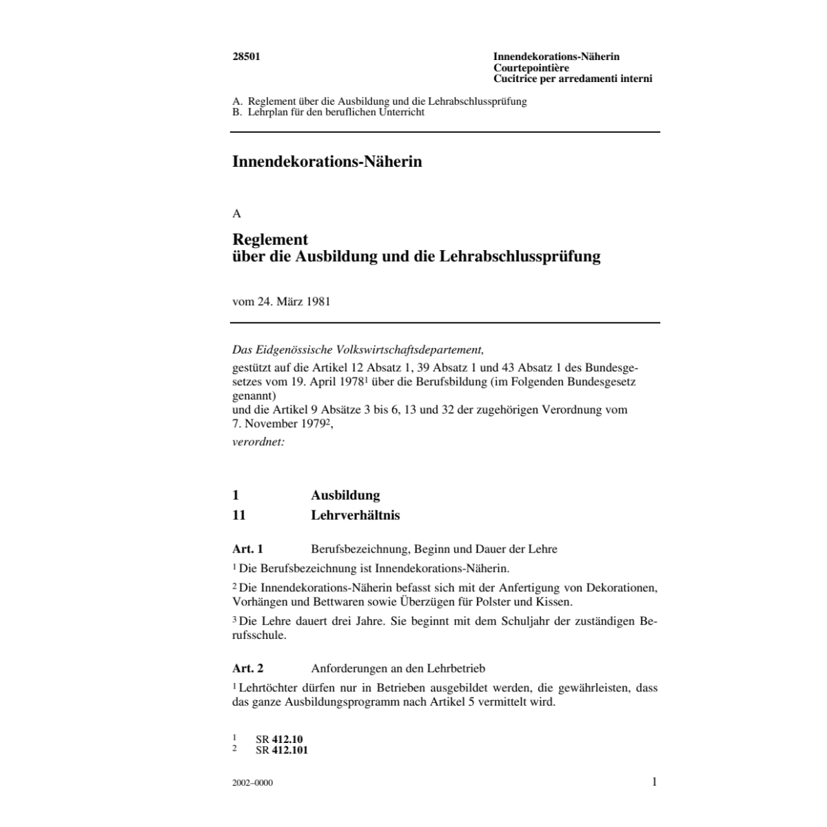 Innendekorations-Näherin, R Ausbildung