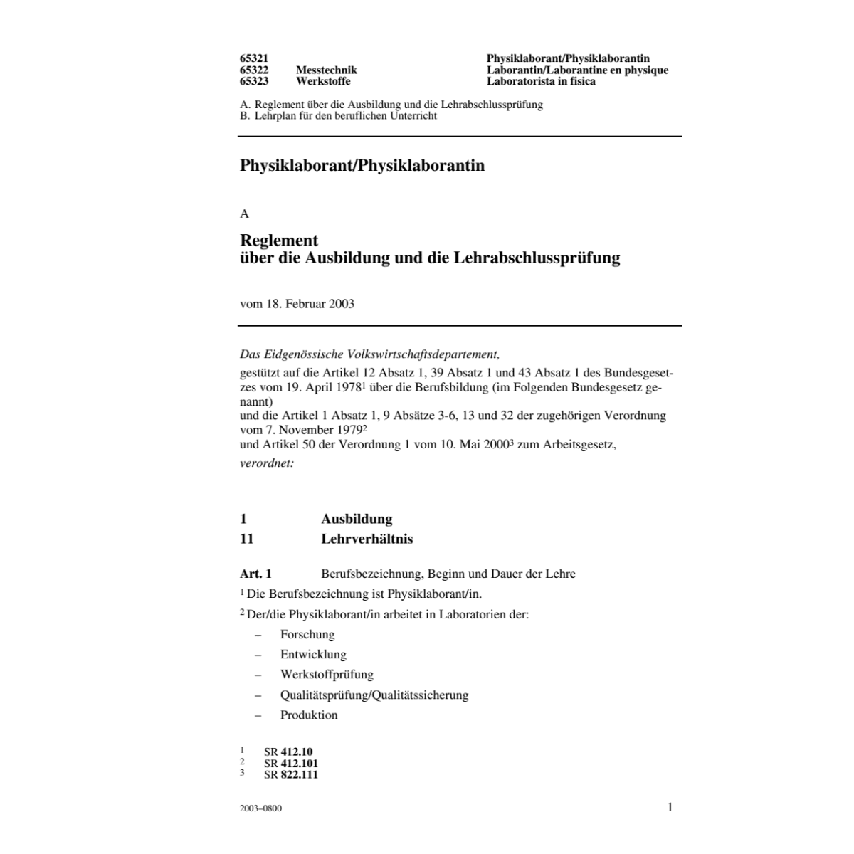 Physiklaborant,Reglement über Ausbildung