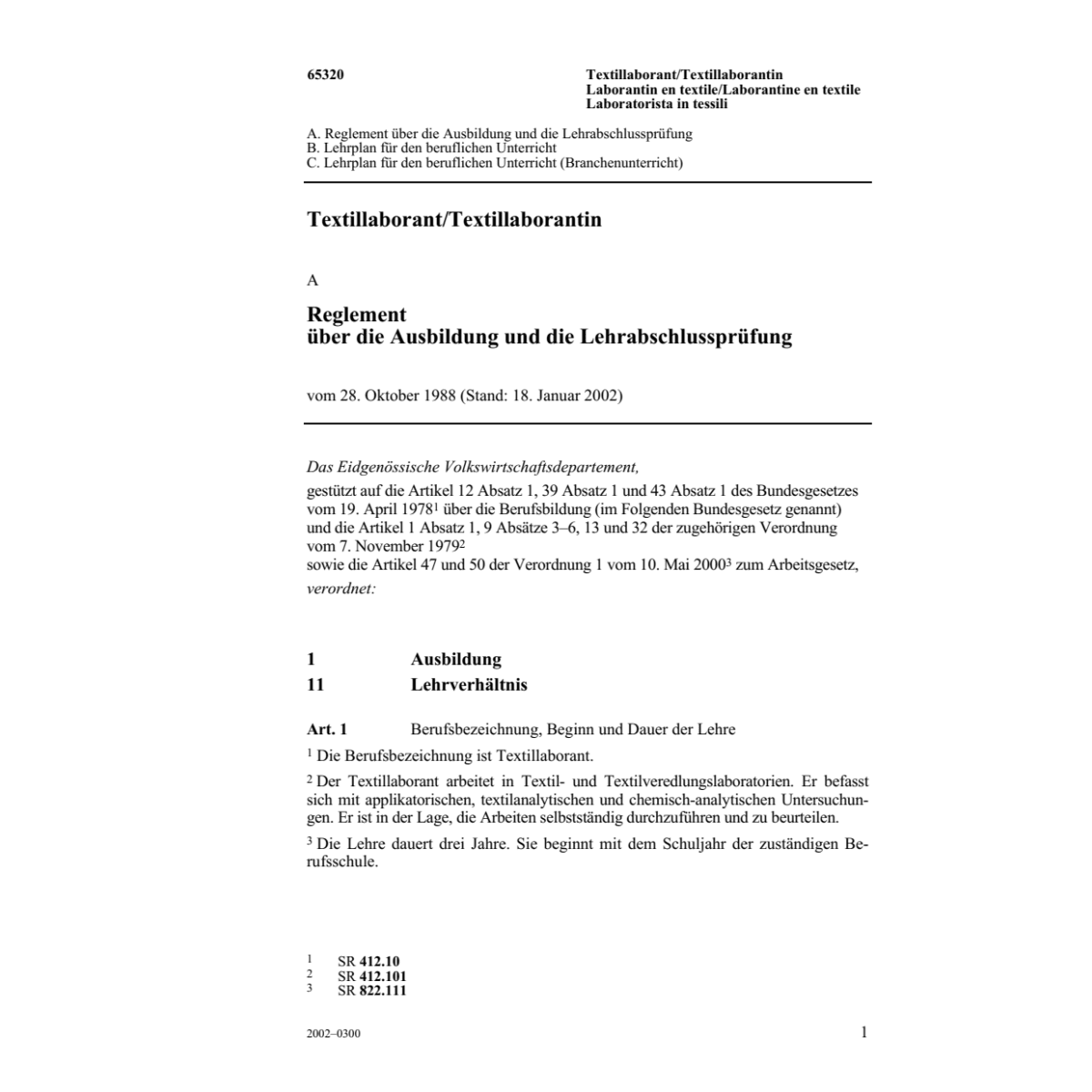 Textillaborant,Reglement über Ausbildung