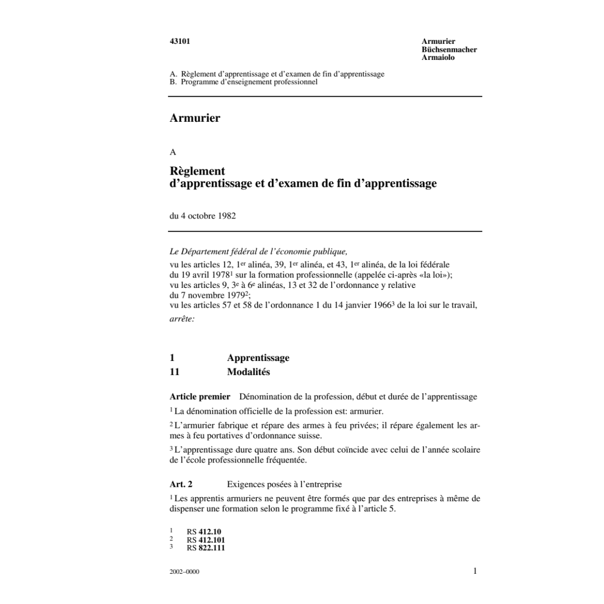 Armurier, Règlement d'apprentissage