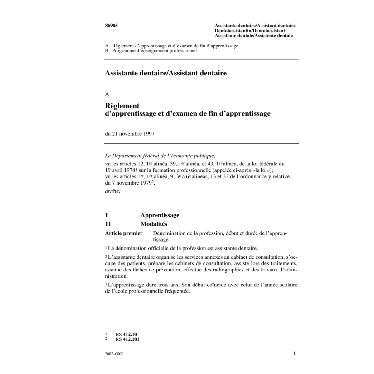 Assistant/e dentaire, R d'apprentissage