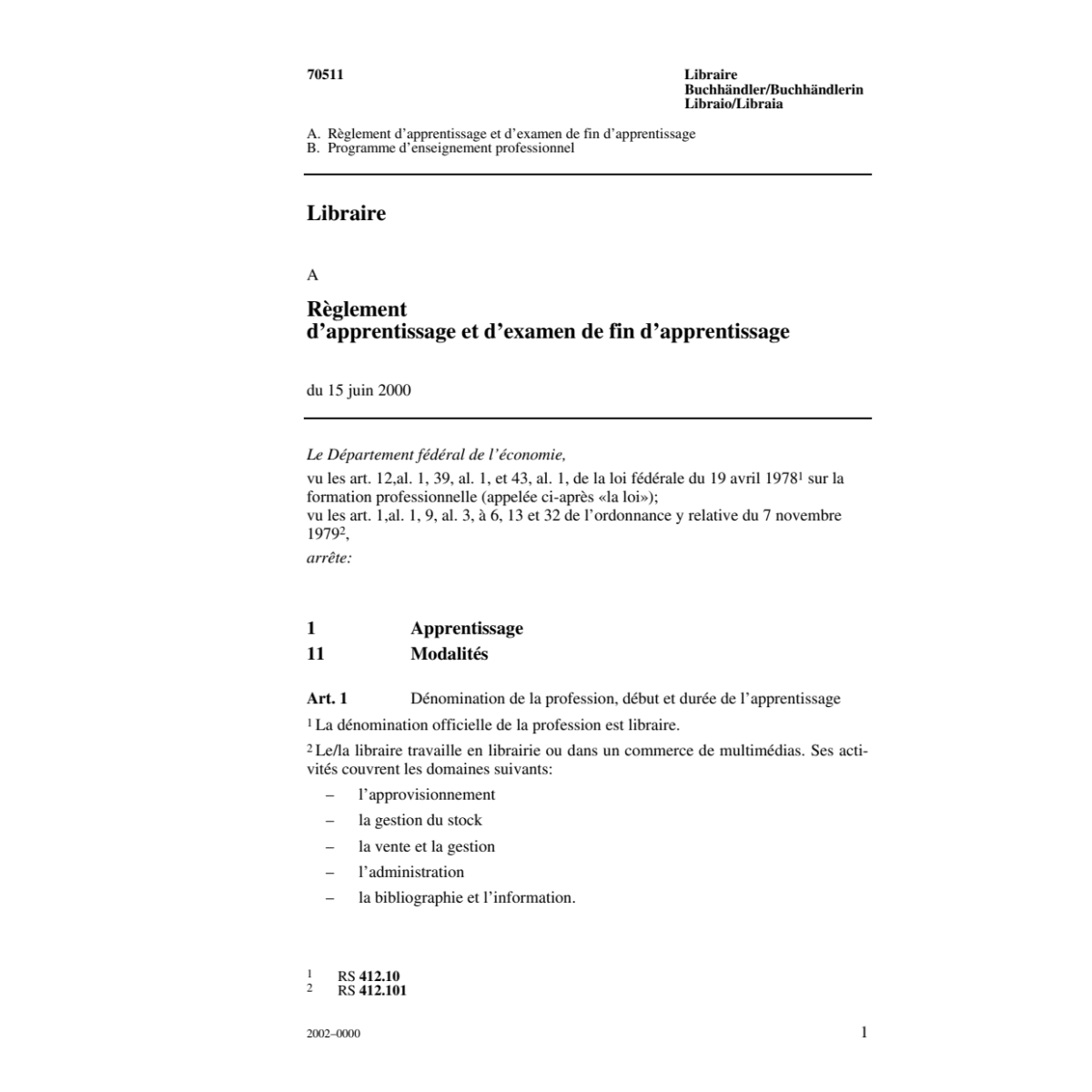 Libraire, Règlement d'apprentissage