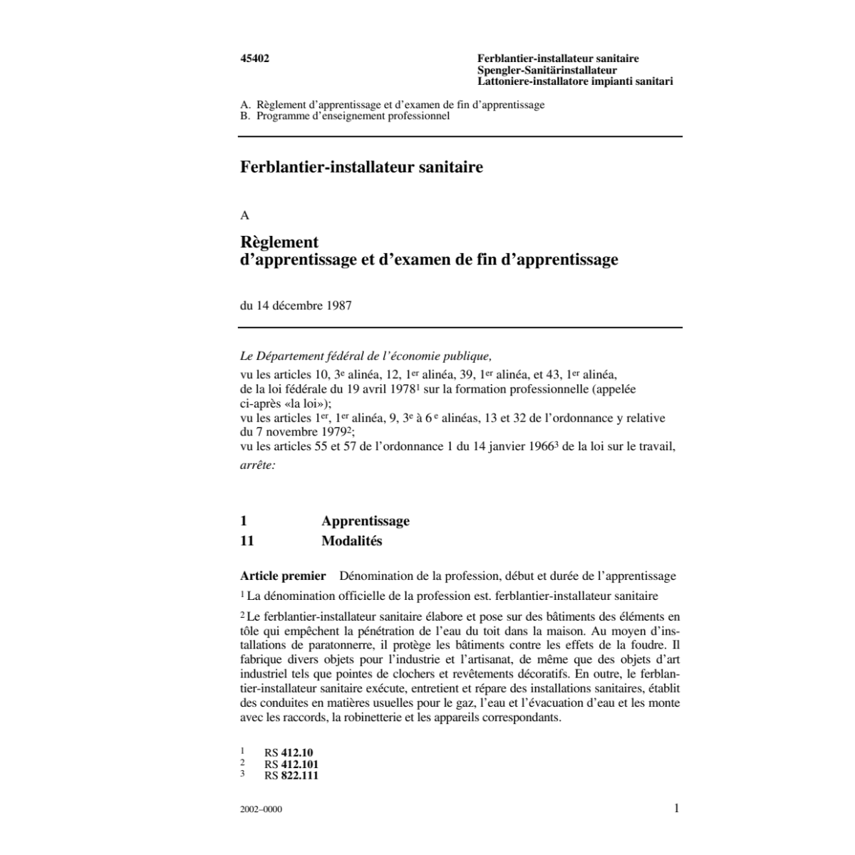 Ferblantier-installateur sanitaire, R.