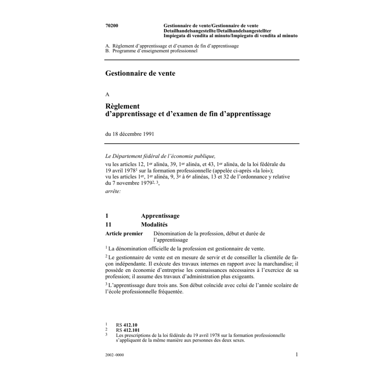 Gestionnaire de vente, R d'apprentissage