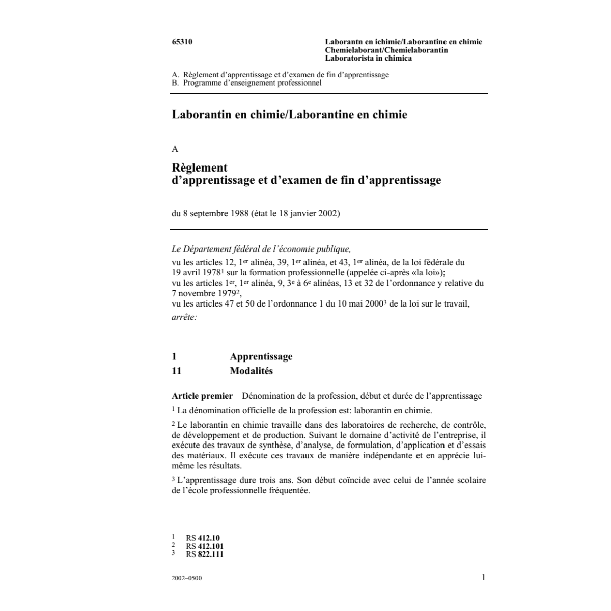 Laborant en chimie, R. d'apprentissage
