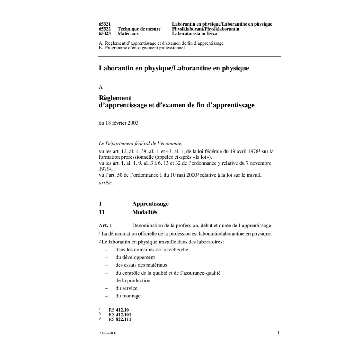 laborant en physique, R. d'apprentissage