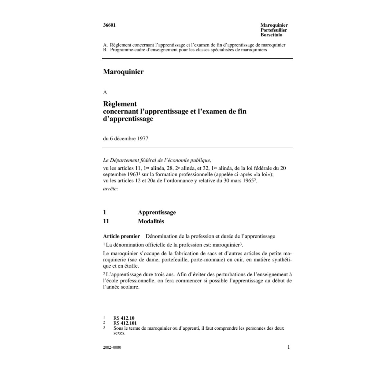 Maroquinier, Règlement d'apprentissage