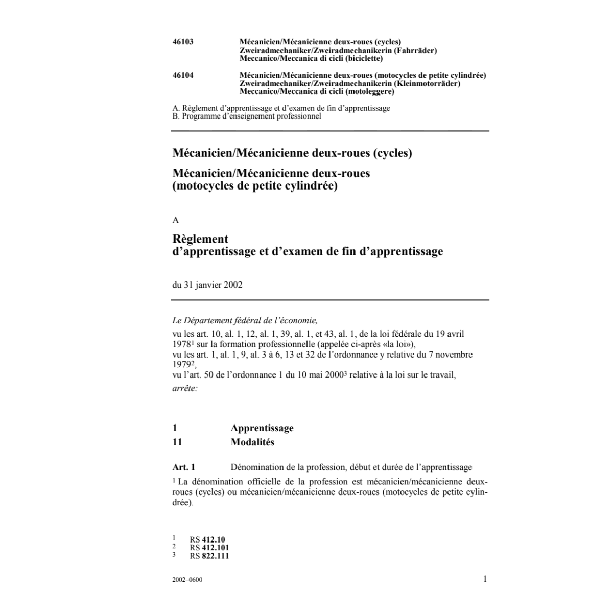 Mécanicien deux-roues, R apprentissage