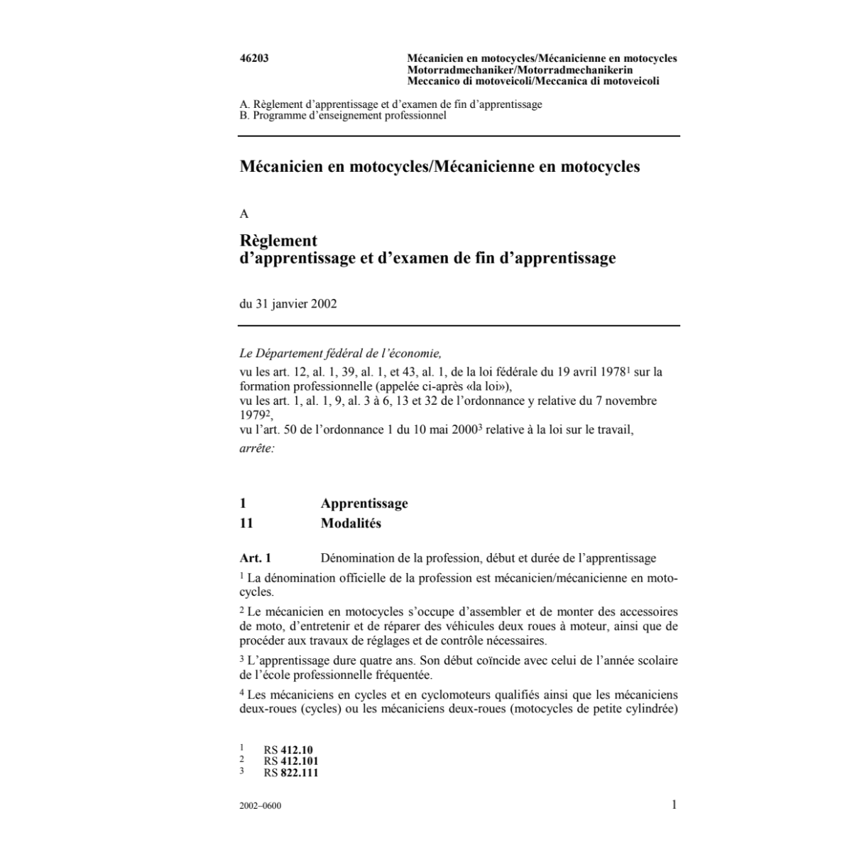 Mécanicien en motocycles, R.d'apprentis.