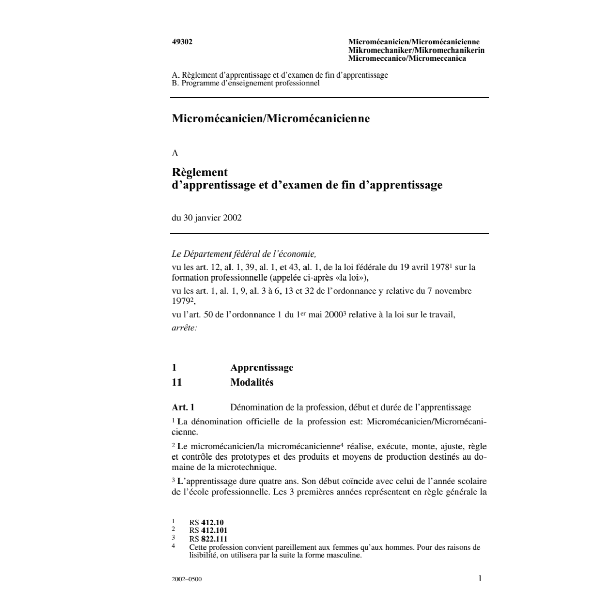 Micromécanicien, Règlement d'apprentiss.