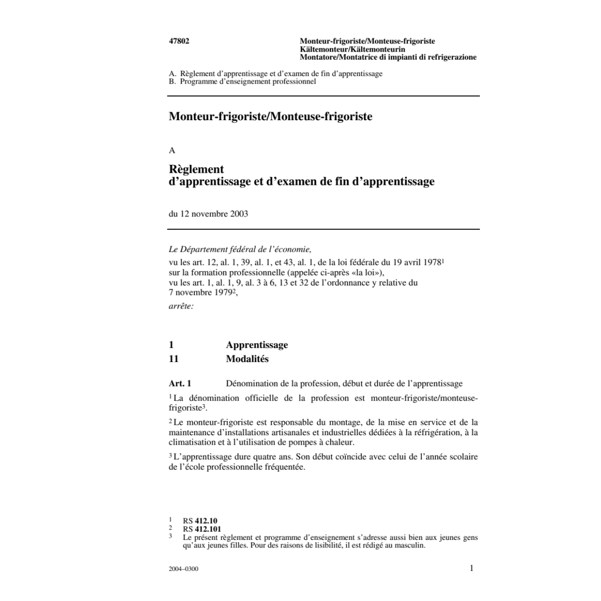 Monteur-frigoriste, R. d'apprentissage