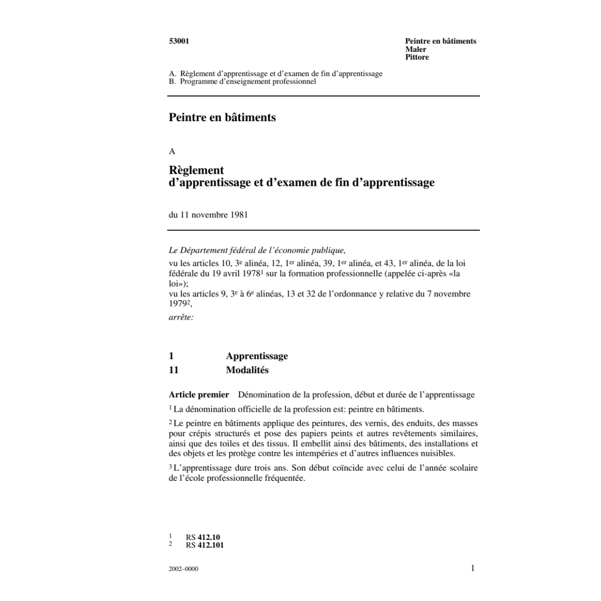 Peintre en bâtiments, R. d'apprentissage