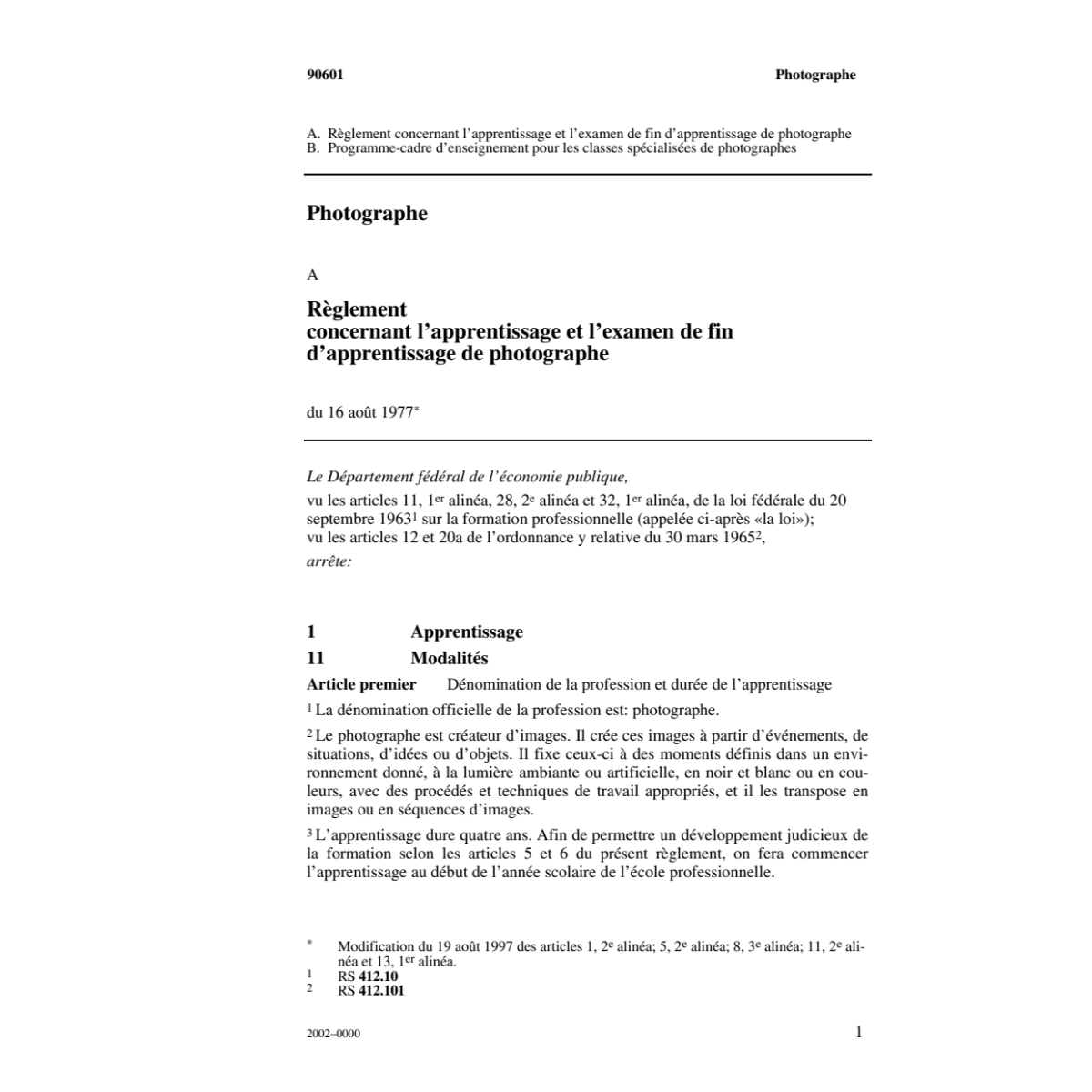 Photographe, Règlement d'apprentissage