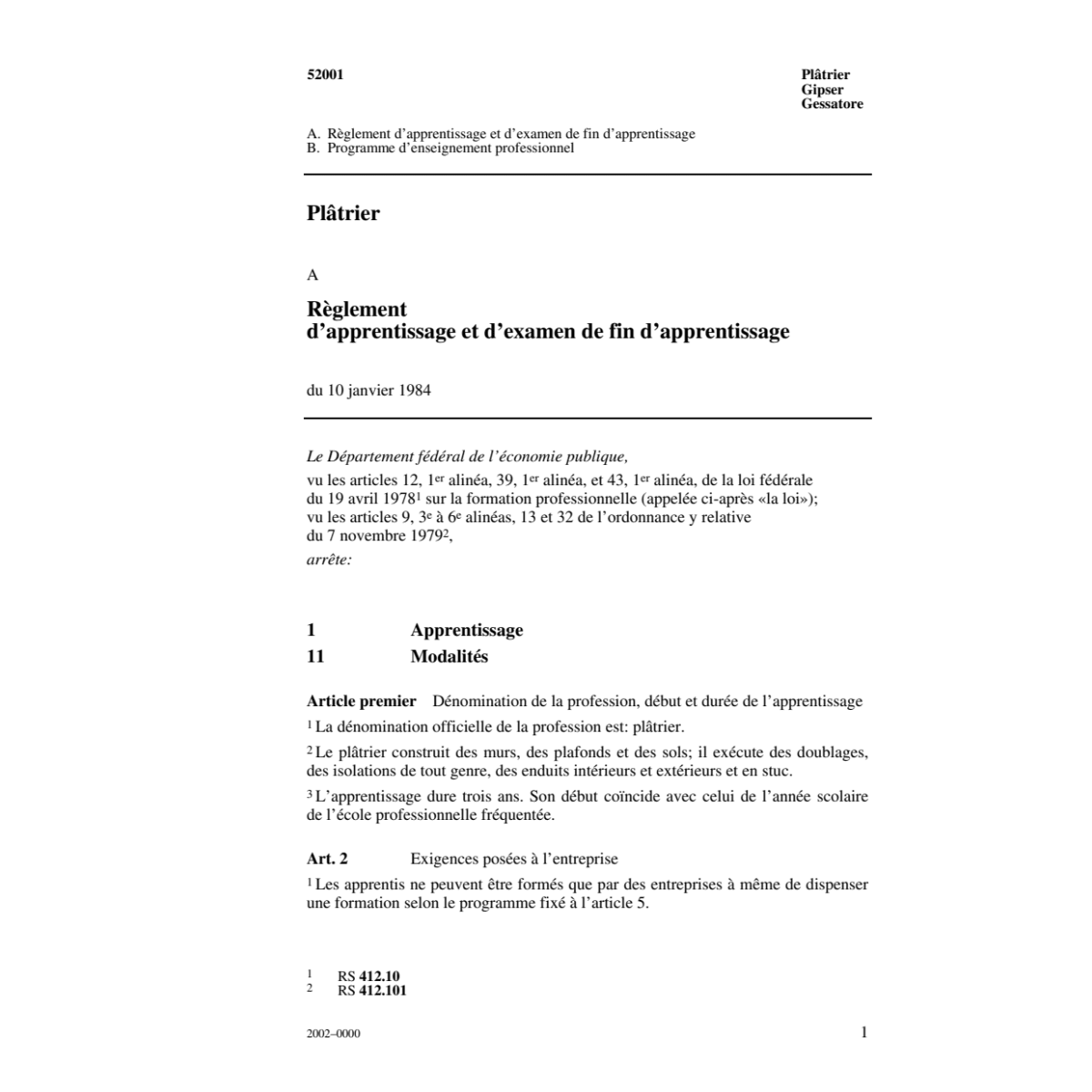 Plâtrier,Règlement d'apprentissage