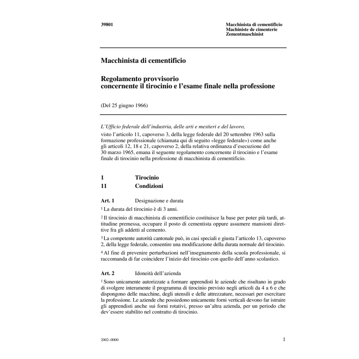 Macchinista di cementificio R tirocinio