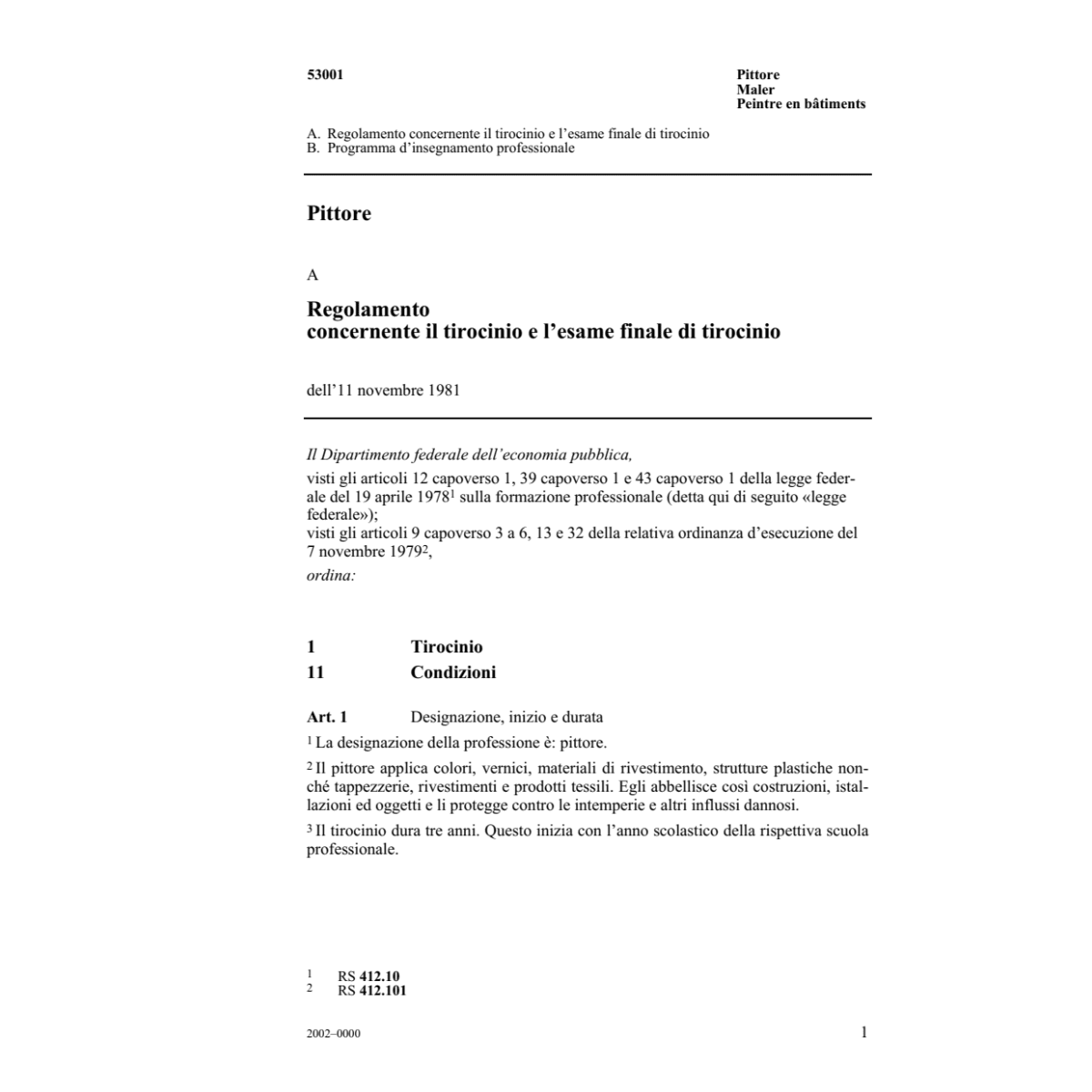 Pittore R concernente il tirocinio