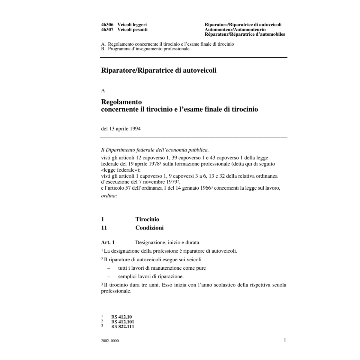 Riparatore di autoveicoli, R tirocinio