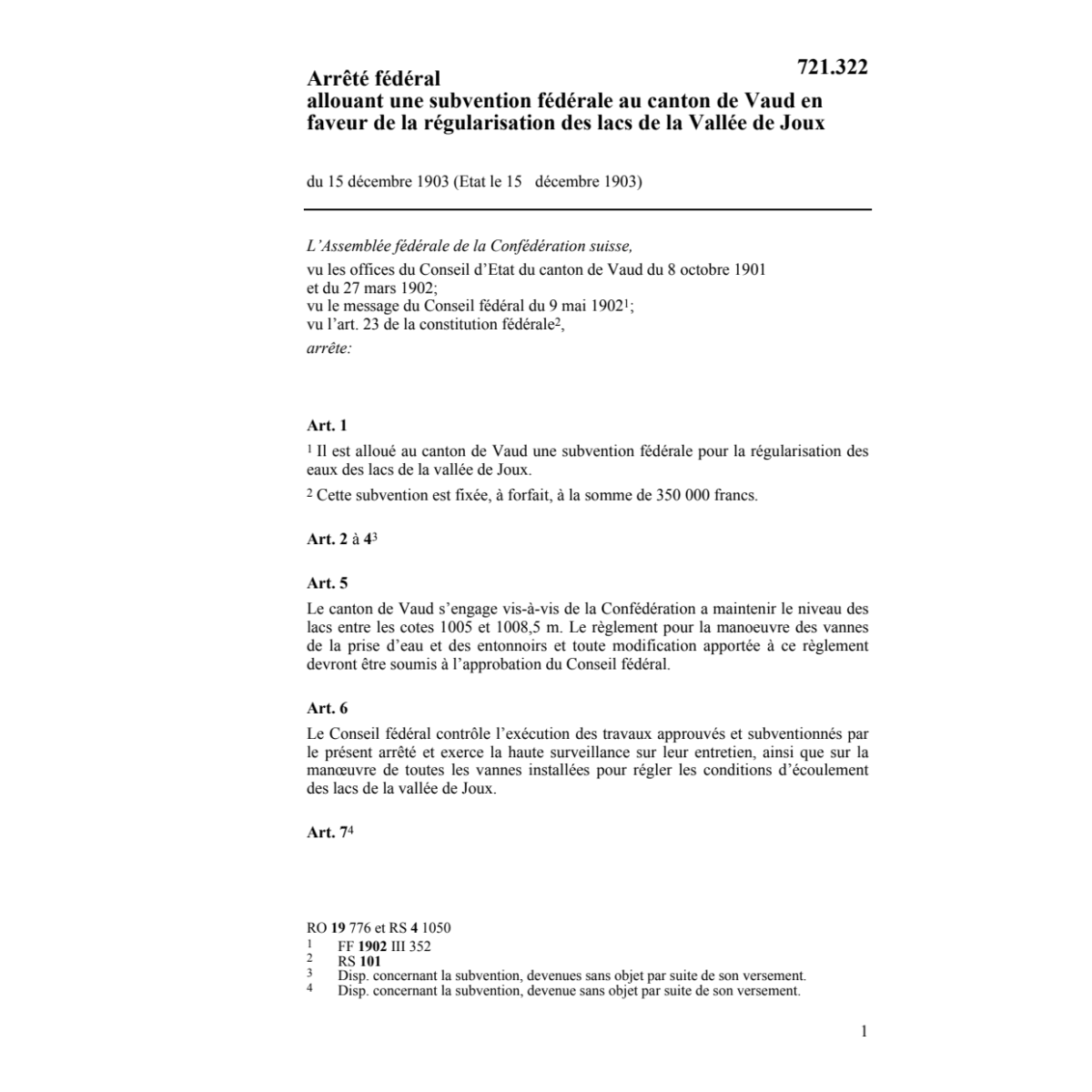 AF régularisation des lacs/Vallée Joux
